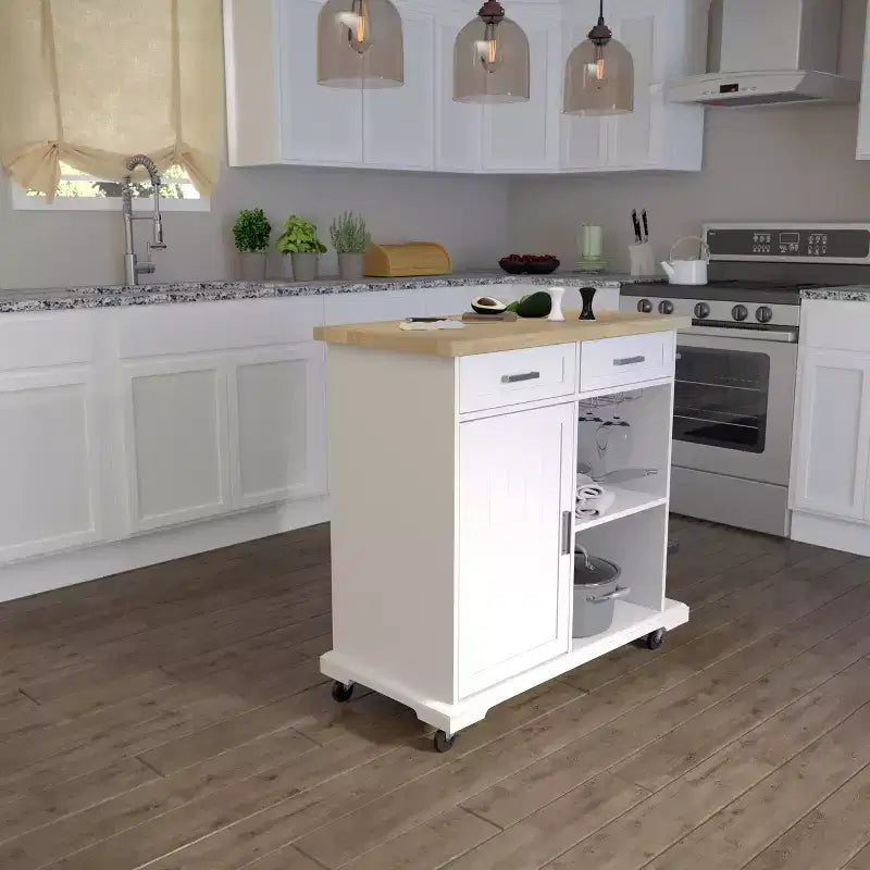 Rolling Kitchen Island with Storage - White