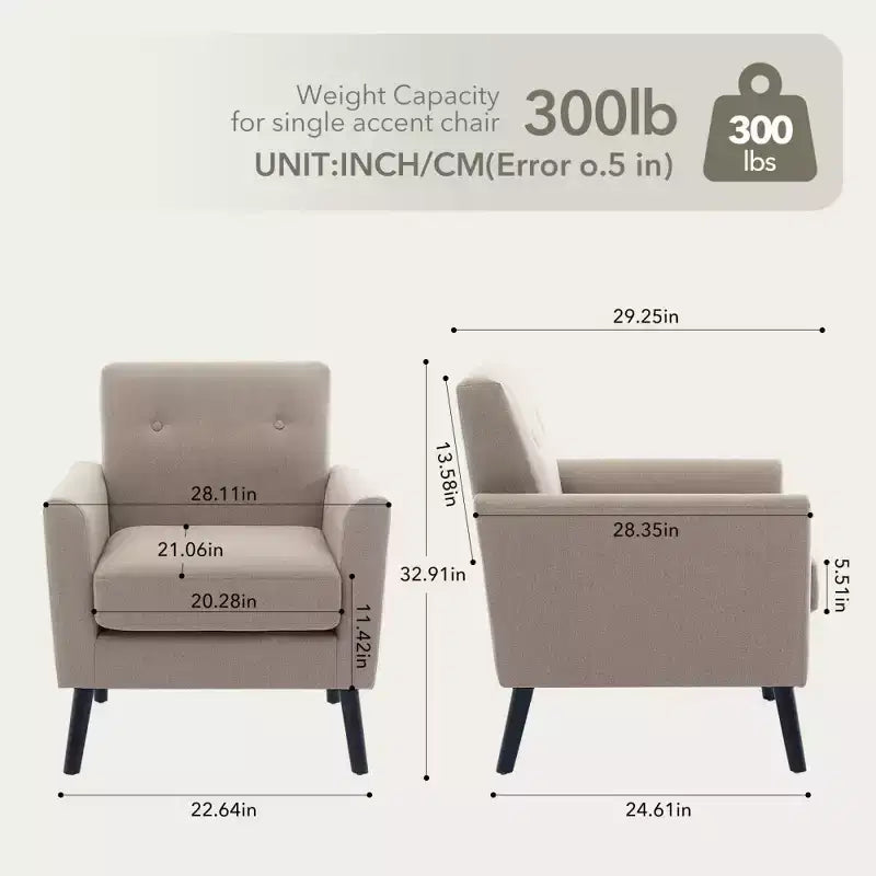 Mid-Century Accent Chair, Modern Fabric Accent Armchair, Comfy Upholstered Reading Accent Chairs for Bedroom,Single Sofa Chair with Wood Legs