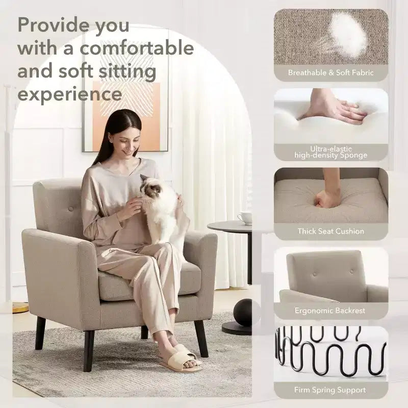 Mid-Century Accent Chair, Modern Fabric Accent Armchair, Comfy Upholstered Reading Accent Chairs for Bedroom,Single Sofa Chair with Wood Legs