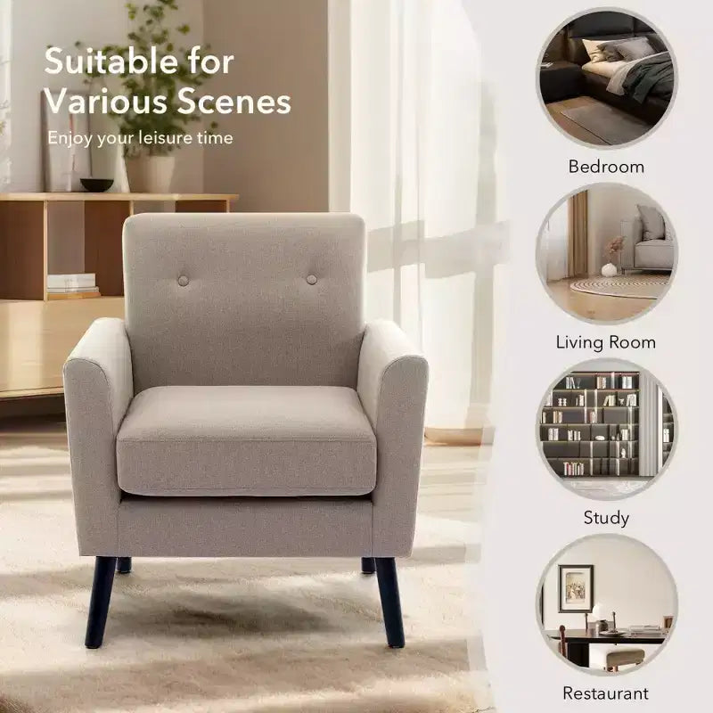 Mid-Century Accent Chair, Modern Fabric Accent Armchair, Comfy Upholstered Reading Accent Chairs for Bedroom,Single Sofa Chair with Wood Legs