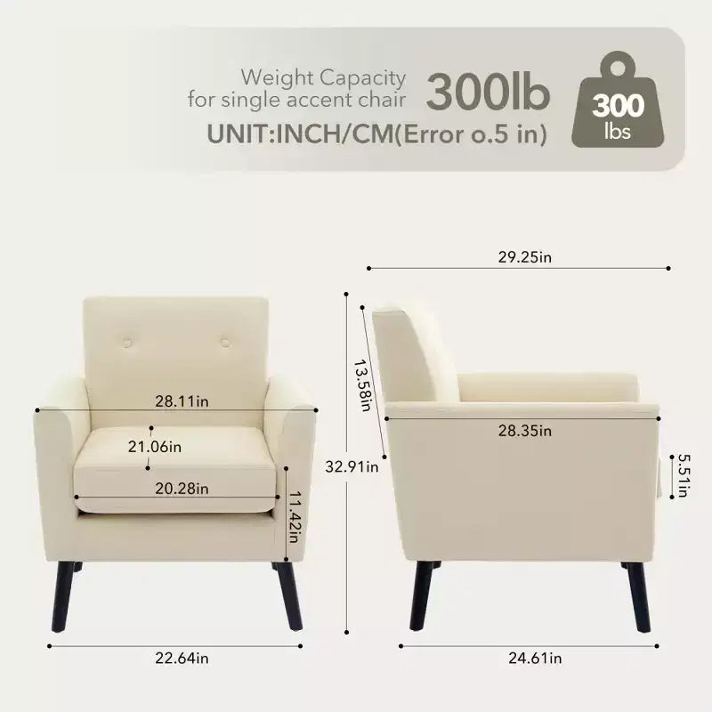 Mid-Century Accent Chair, Modern Fabric Accent Armchair, Comfy Upholstered Reading Accent Chairs for Bedroom,Single Sofa Chair with Wood Legs