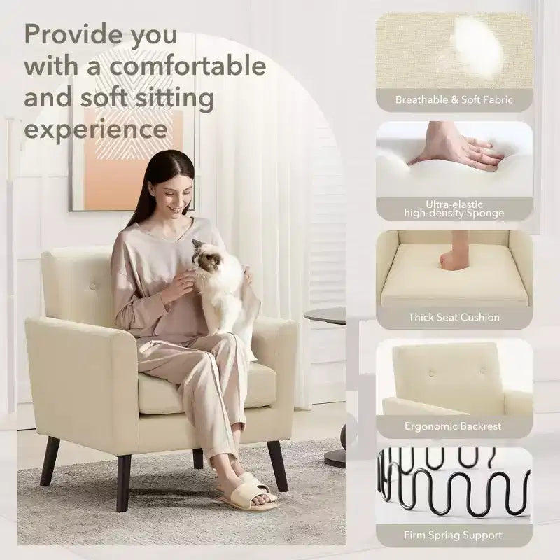 Mid-Century Accent Chair, Modern Fabric Accent Armchair, Comfy Upholstered Reading Accent Chairs for Bedroom,Single Sofa Chair with Wood Legs