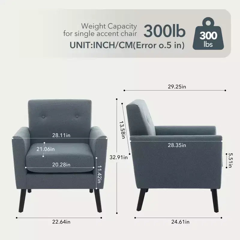 Mid-Century Accent Chair, Modern Fabric Accent Armchair, Comfy Upholstered Reading Accent Chairs for Bedroom,Single Sofa Chair with Wood Legs