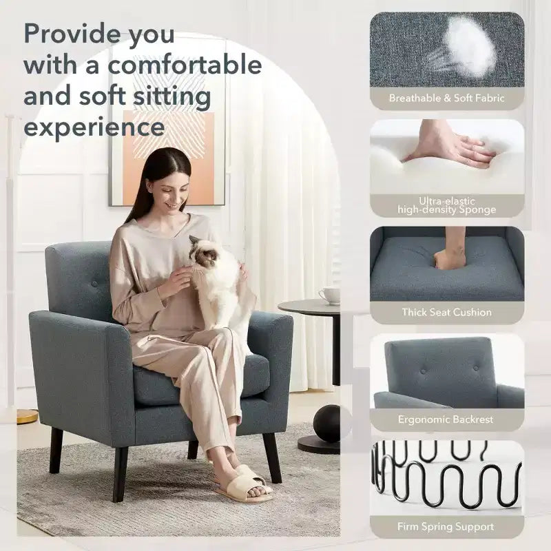 Mid-Century Accent Chair, Modern Fabric Accent Armchair, Comfy Upholstered Reading Accent Chairs for Bedroom,Single Sofa Chair with Wood Legs