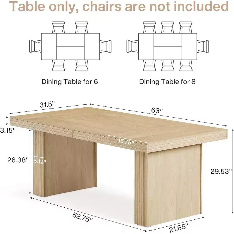 Modern 63 Farmhouse Dining Table for 6, Kitchen Table with Fluted Line for Dining Room, Living Room