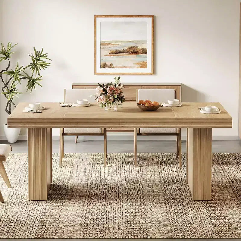 Modern 63 Farmhouse Dining Table for 6, Kitchen Table with Fluted Line for Dining Room, Living Room
