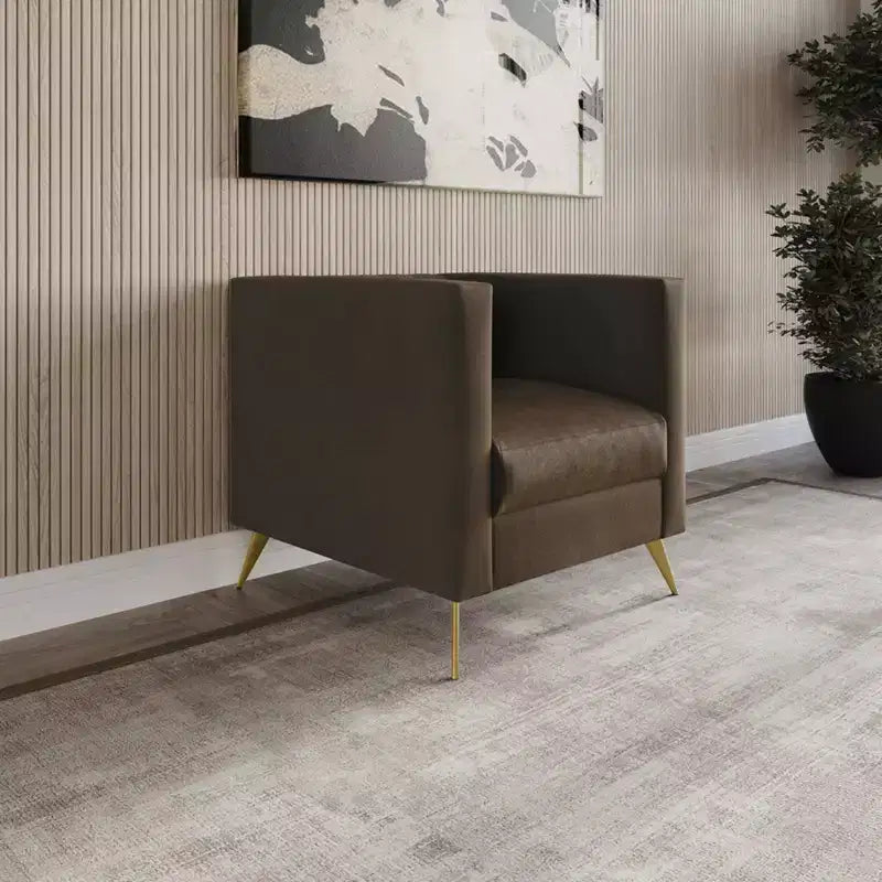 Velvet Square Arm Chair with Channel Tufting and Gold Legs