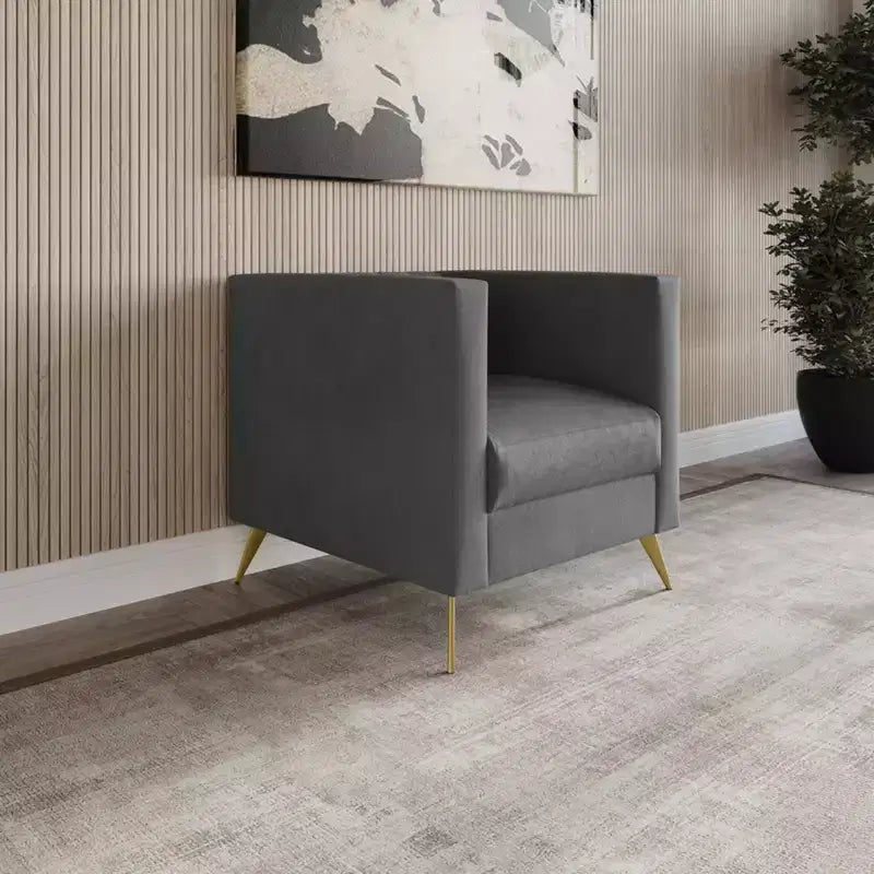 Velvet Square Arm Chair with Channel Tufting and Gold Legs