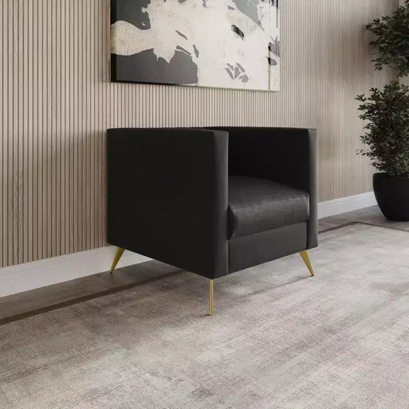 Velvet Square Arm Chair with Channel Tufting and Gold Legs