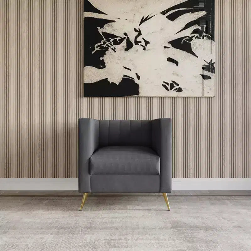 Velvet Square Arm Chair with Channel Tufting and Gold Legs