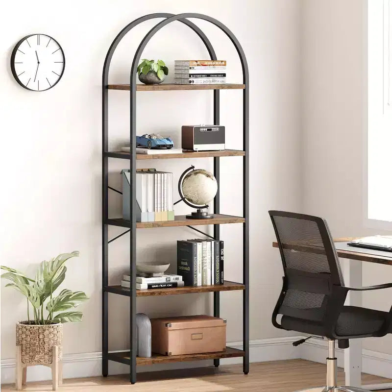 Bookshelf 5 Tier Bookcase Arched Display Racks Tall Standing Bookshelves Metal Frame Modern Storage Rack Shelf Large Wood Book Shelf