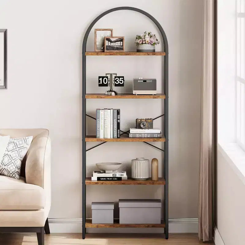 Bookshelf 5 Tier Bookcase Arched Display Racks Tall Standing Bookshelves Metal Frame Modern Storage Rack Shelf Large Wood Book Shelf