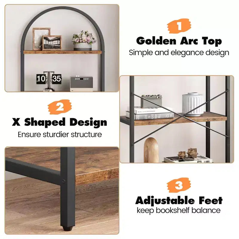 Bookshelf 5 Tier Bookcase Arched Display Racks Tall Standing Bookshelves Metal Frame Modern Storage Rack Shelf Large Wood Book Shelf