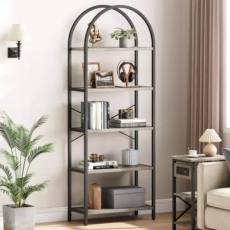 Bookshelf 5 Tier Bookcase Arched Display Racks Tall Standing Bookshelves Metal Frame Modern Storage Rack Shelf Large Wood Book Shelf
