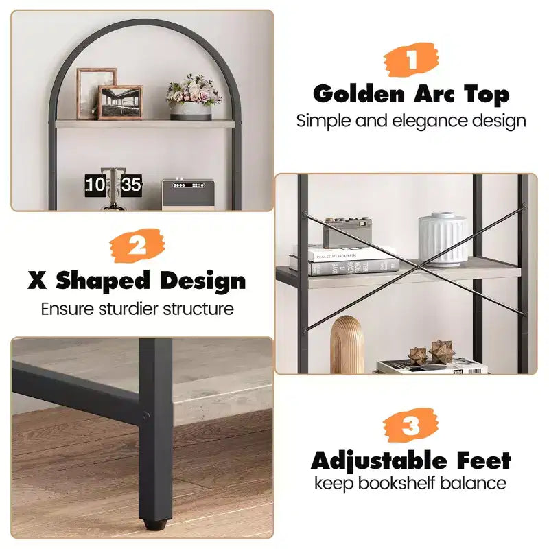Bookshelf 5 Tier Bookcase Arched Display Racks Tall Standing Bookshelves Metal Frame Modern Storage Rack Shelf Large Wood Book Shelf