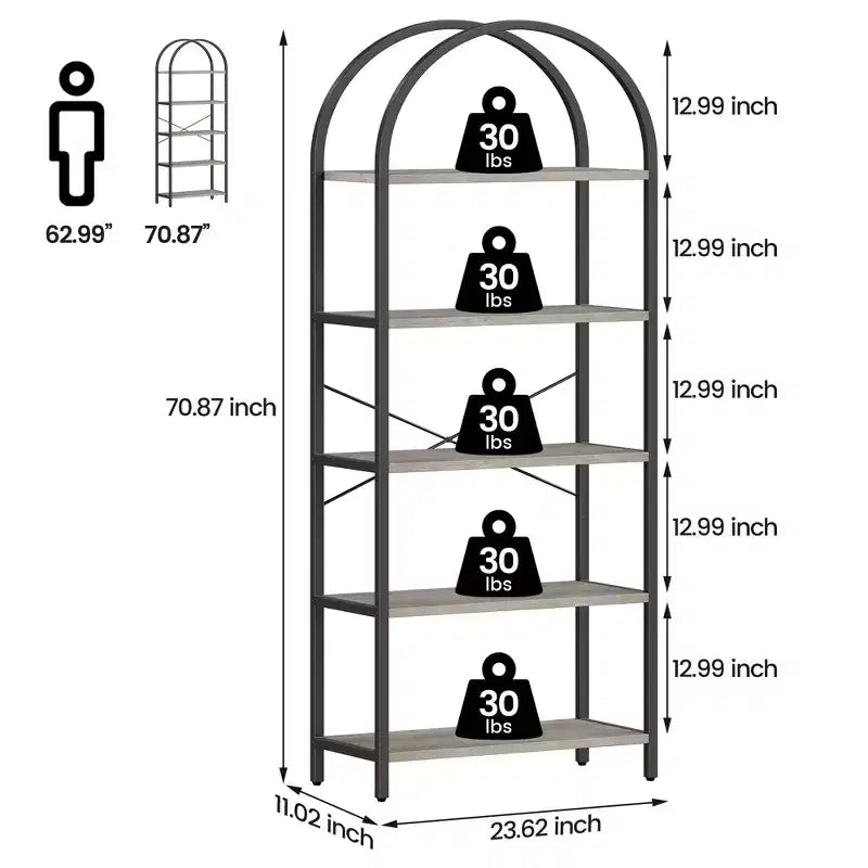 Bookshelf 5 Tier Bookcase Arched Display Racks Tall Standing Bookshelves Metal Frame Modern Storage Rack Shelf Large Wood Book Shelf