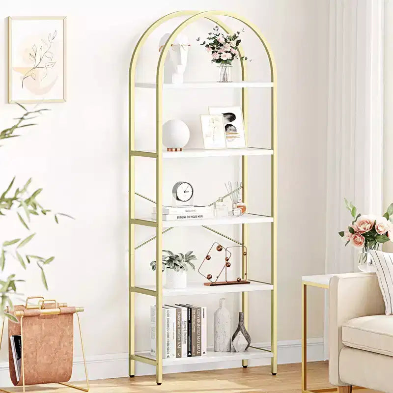 Bookshelf 5 Tier Bookcase Arched Display Racks Tall Standing Bookshelves Metal Frame Modern Storage Rack Shelf Large Wood Book Shelf