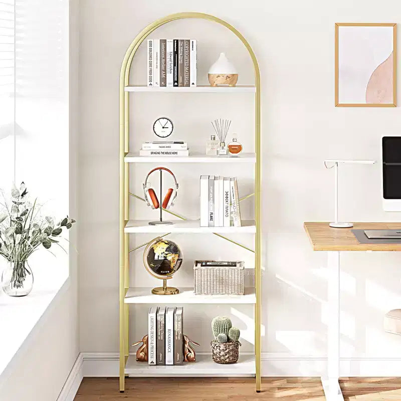 Bookshelf 5 Tier Bookcase Arched Display Racks Tall Standing Bookshelves Metal Frame Modern Storage Rack Shelf Large Wood Book Shelf