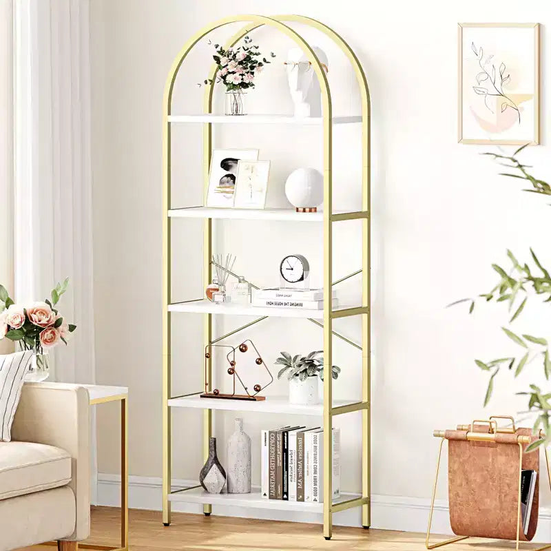 Bookshelf 5 Tier Bookcase Arched Display Racks Tall Standing Bookshelves Metal Frame Modern Storage Rack Shelf Large Wood Book Shelf