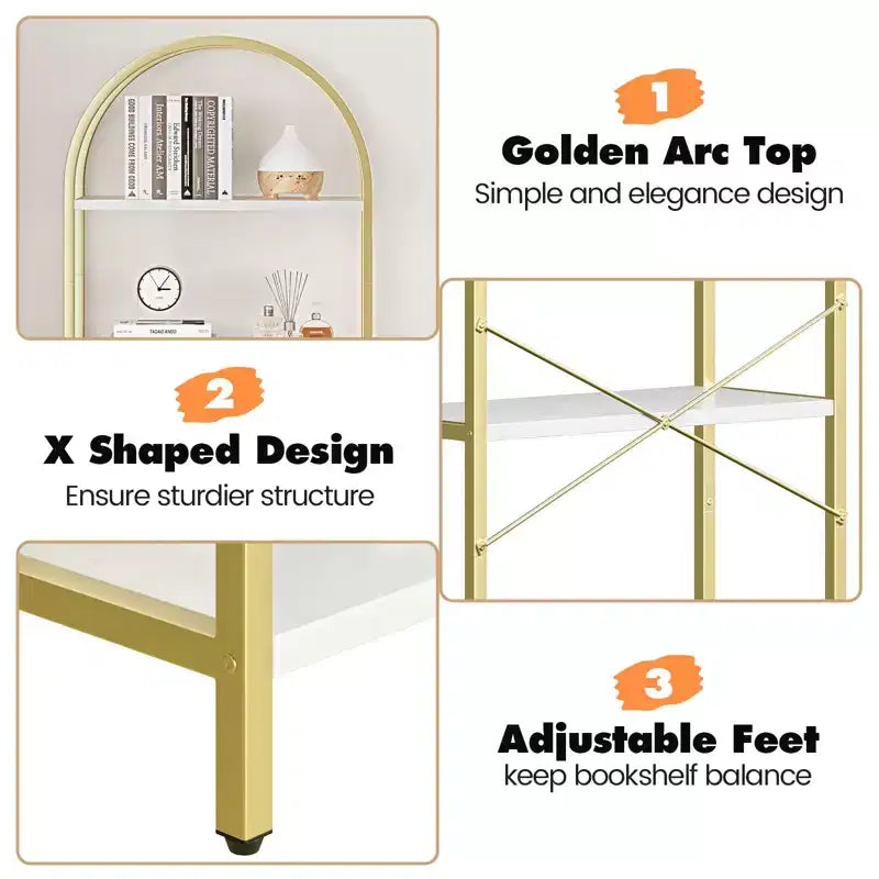Bookshelf 5 Tier Bookcase Arched Display Racks Tall Standing Bookshelves Metal Frame Modern Storage Rack Shelf Large Wood Book Shelf