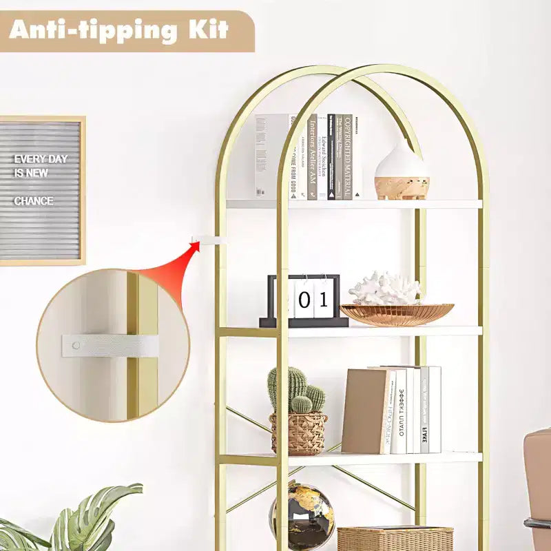 Bookshelf 5 Tier Bookcase Arched Display Racks Tall Standing Bookshelves Metal Frame Modern Storage Rack Shelf Large Wood Book Shelf