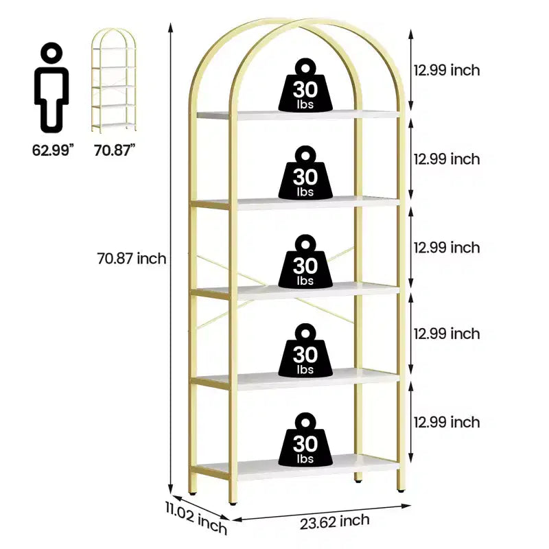 Bookshelf 5 Tier Bookcase Arched Display Racks Tall Standing Bookshelves Metal Frame Modern Storage Rack Shelf Large Wood Book Shelf