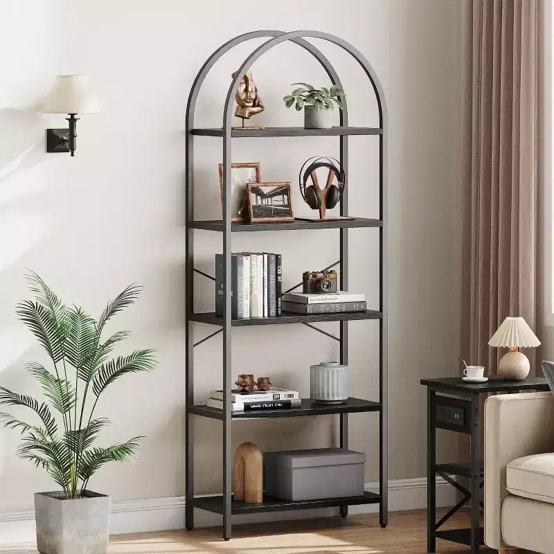 Bookshelf 5 Tier Bookcase Arched Display Racks Tall Standing Bookshelves Metal Frame Modern Storage Rack Shelf Large Wood Book Shelf