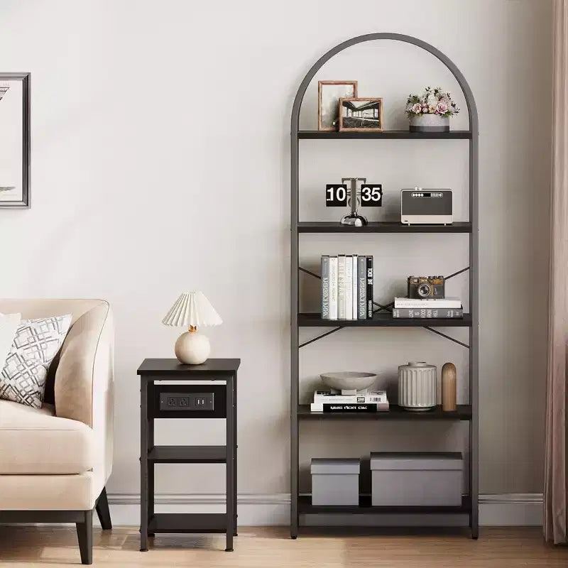 Bookshelf 5 Tier Bookcase Arched Display Racks Tall Standing Bookshelves Metal Frame Modern Storage Rack Shelf Large Wood Book Shelf
