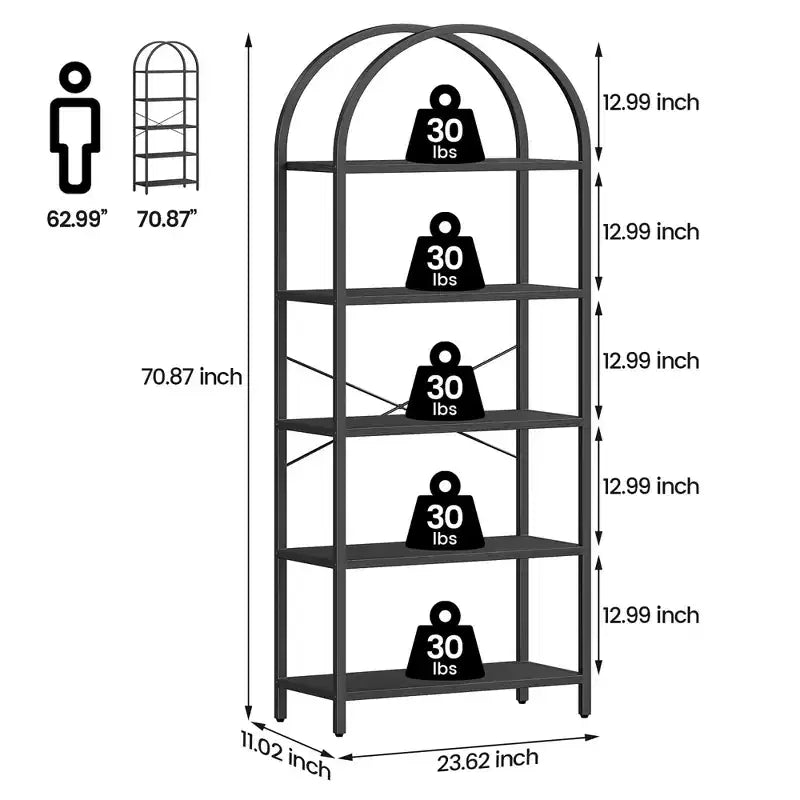 Bookshelf 5 Tier Bookcase Arched Display Racks Tall Standing Bookshelves Metal Frame Modern Storage Rack Shelf Large Wood Book Shelf