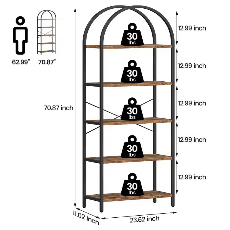 Bookshelf 5 Tier Bookcase Arched Display Racks Tall Standing Bookshelves Metal Frame Modern Storage Rack Shelf Large Wood Book Shelf
