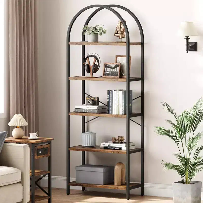 Bookshelf 5 Tier Bookcase Arched Display Racks Tall Standing Bookshelves Metal Frame Modern Storage Rack Shelf Large Wood Book Shelf