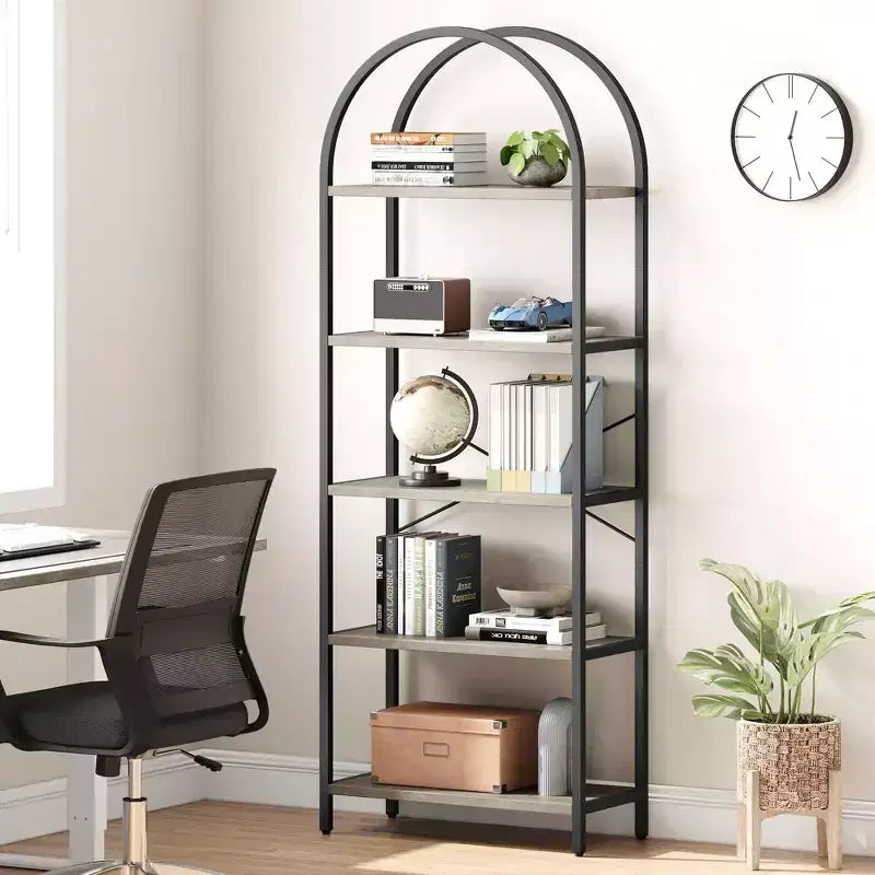 Bookshelf 5 Tier Bookcase Arched Display Racks Tall Standing Bookshelves Metal Frame Modern Storage Rack Shelf Large Wood Book Shelf