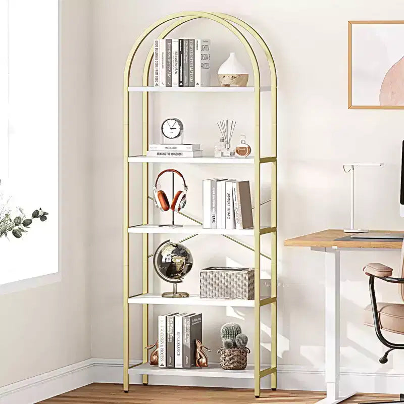 Bookshelf 5 Tier Bookcase Arched Display Racks Tall Standing Bookshelves Metal Frame Modern Storage Rack Shelf Large Wood Book Shelf