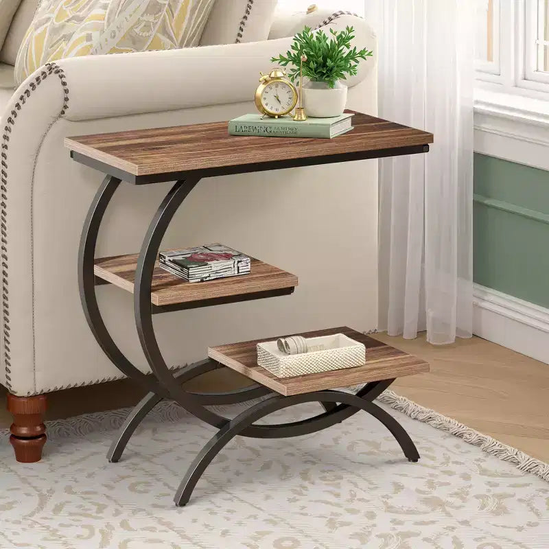 C-Shape End Table 3-Tier, Matte Black Metal Frame with Rustic Brown Top for Living Room