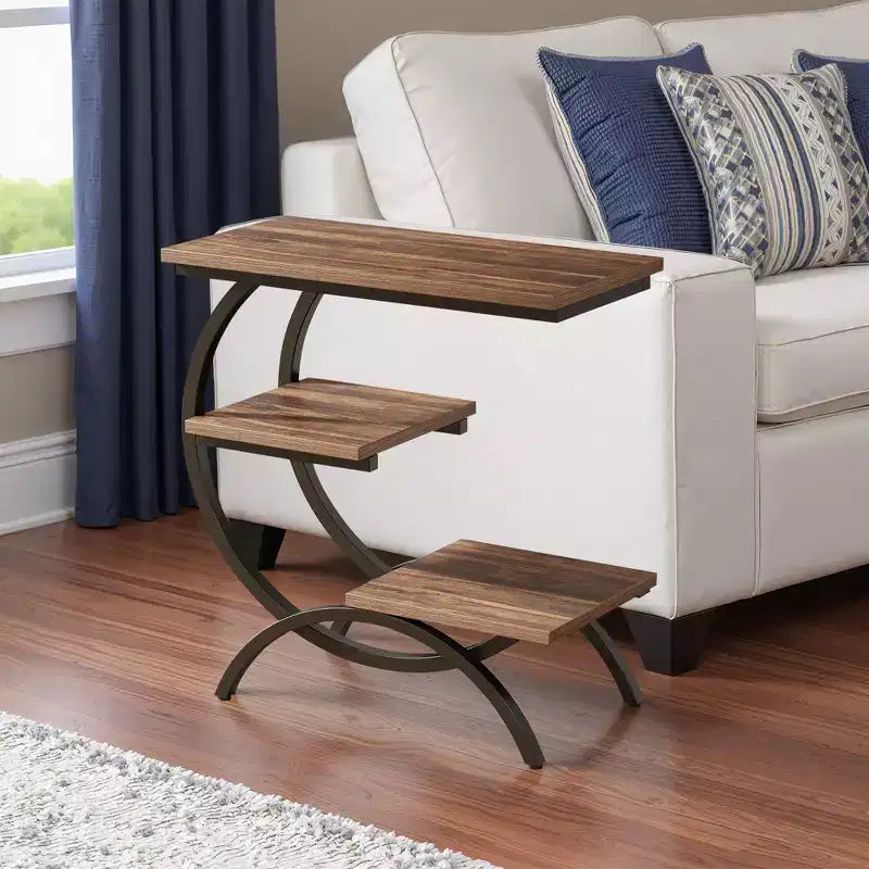 C-Shape End Table 3-Tier, Matte Black Metal Frame with Rustic Brown Top for Living Room