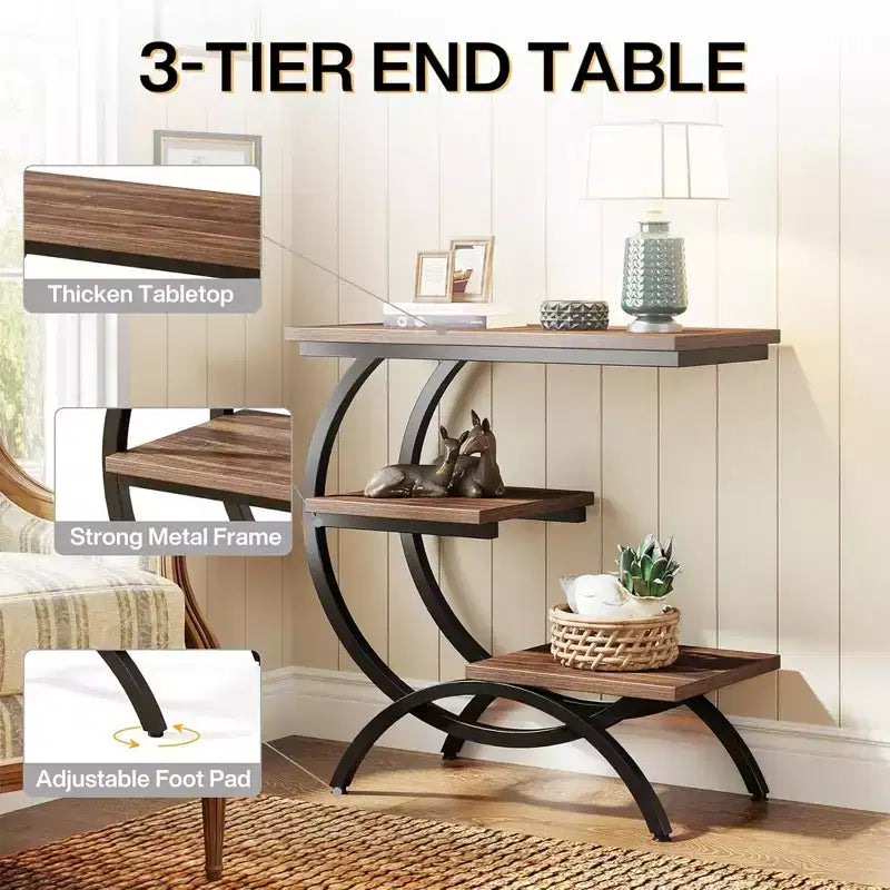 C-Shape End Table 3-Tier, Matte Black Metal Frame with Rustic Brown Top for Living Room