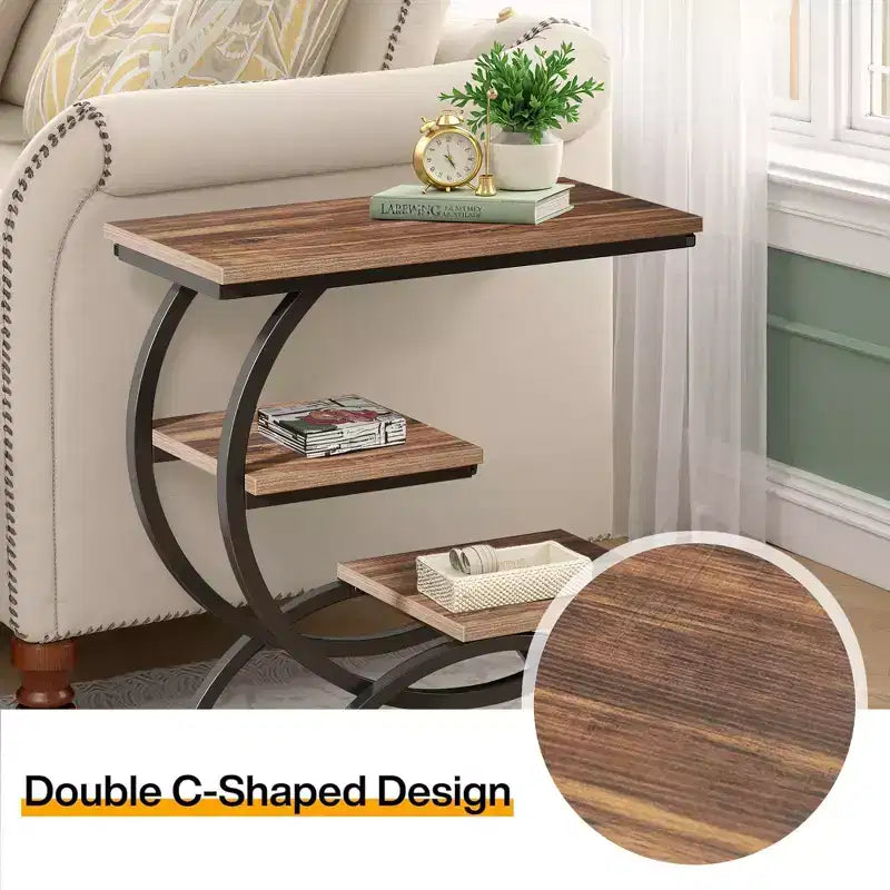 C-Shape End Table 3-Tier, Matte Black Metal Frame with Rustic Brown Top for Living Room