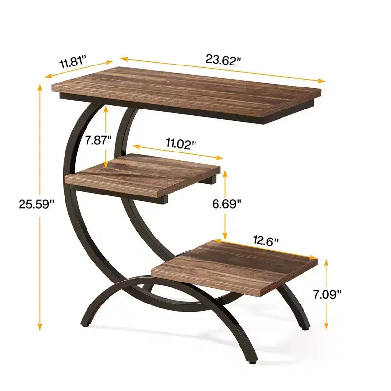 C-Shape End Table 3-Tier, Matte Black Metal Frame with Rustic Brown Top for Living Room