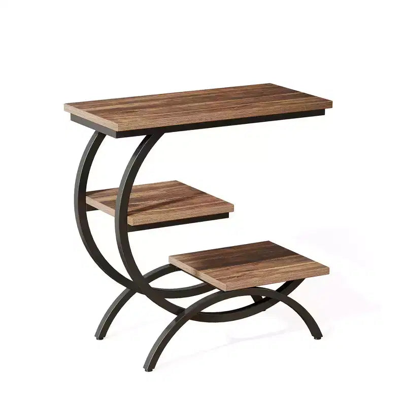 C-Shape End Table 3-Tier, Matte Black Metal Frame with Rustic Brown Top for Living Room