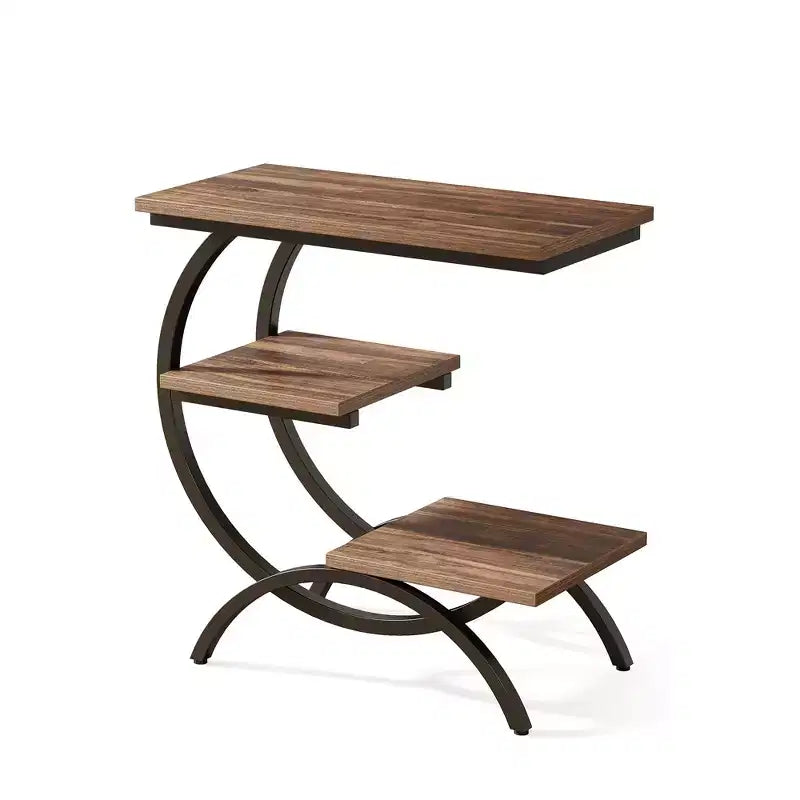 C-Shape End Table 3-Tier, Matte Black Metal Frame with Rustic Brown Top for Living Room