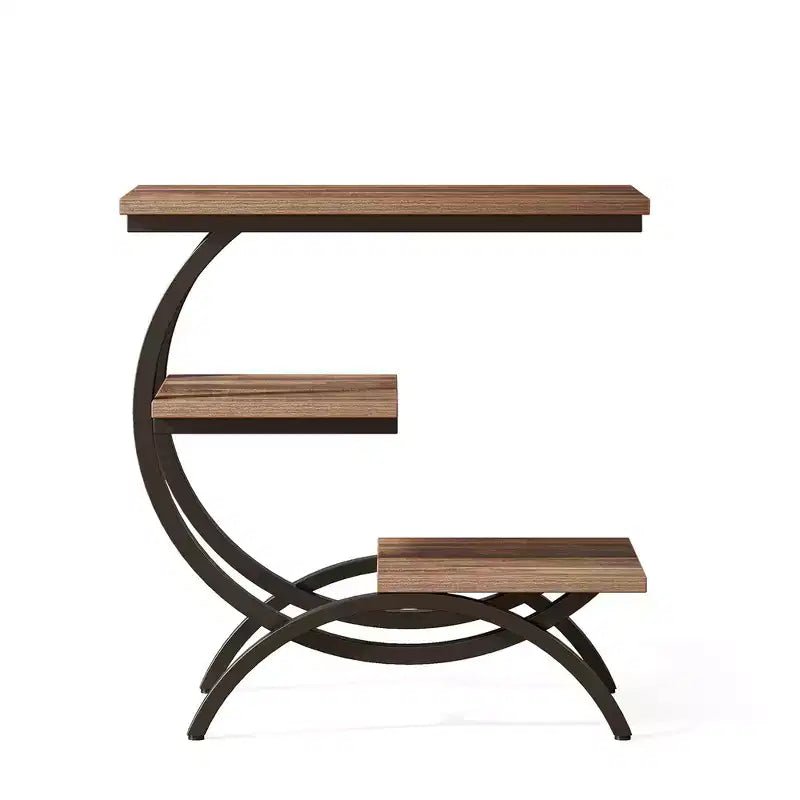 C-Shape End Table 3-Tier, Matte Black Metal Frame with Rustic Brown Top for Living Room
