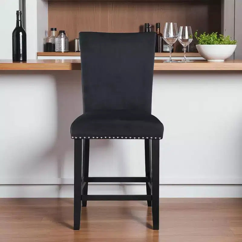 25'' Black Wood and Velvet Counter Height Bar Chair with Footrest and High Back