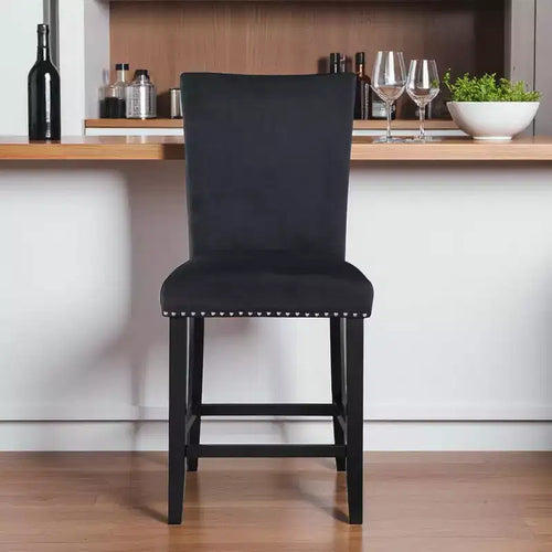 25'' Black Wood and Velvet Counter Height Bar Chair with Footrest and High Back