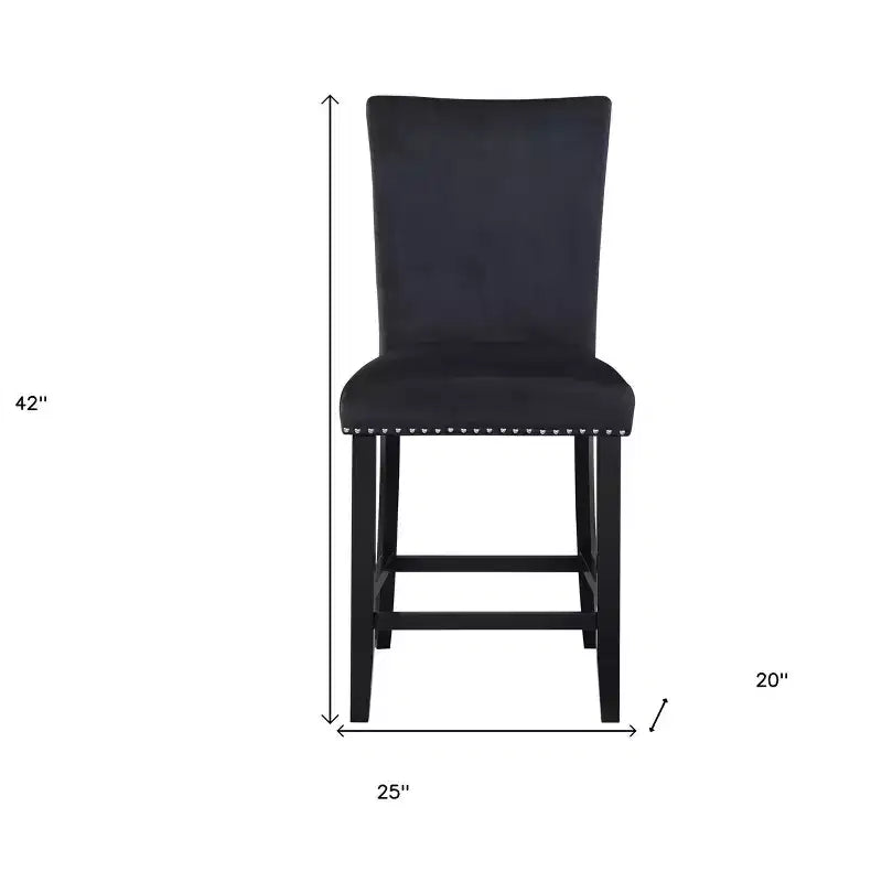 25'' Black Wood and Velvet Counter Height Bar Chair with Footrest and High Back