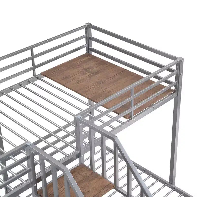 Twin over Twin-Twin Triple Loft Bunk Bed with Storage Shelves, Staircase and Safety Guardrail for Kids