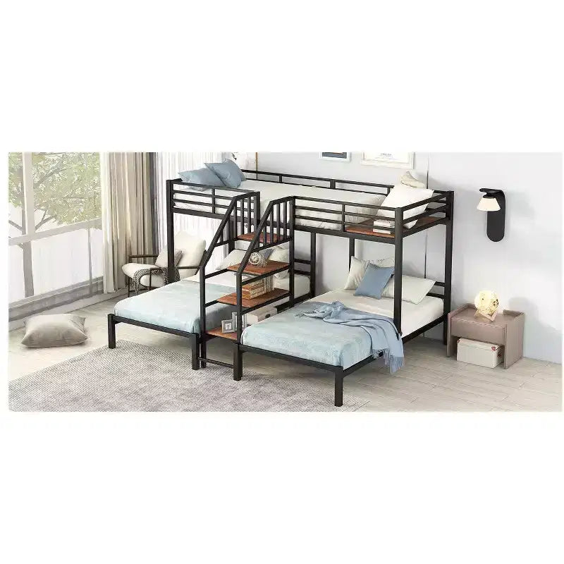Twin over Twin-Twin Triple Loft Bunk Bed with Storage Shelves, Staircase and Safety Guardrail for Kids