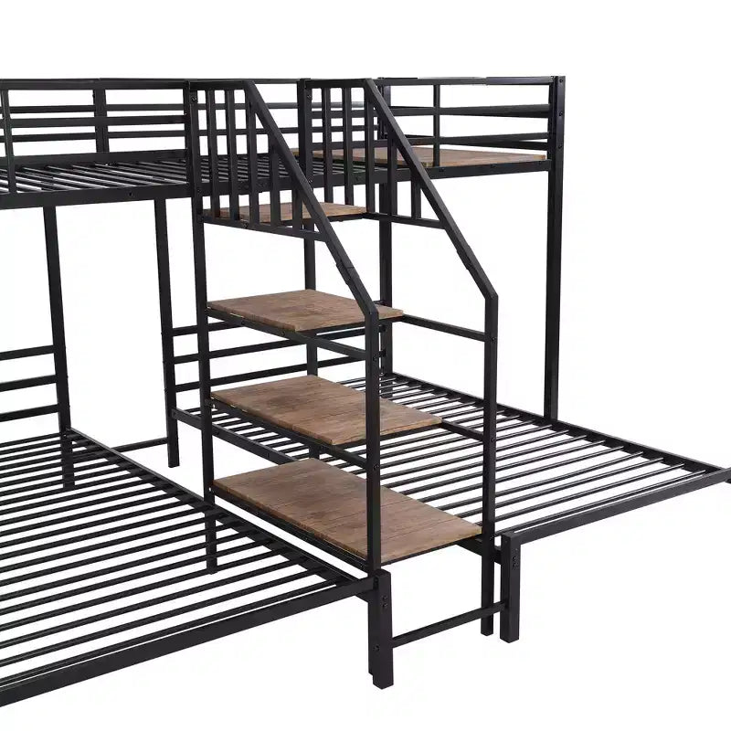Twin over Twin-Twin Triple Loft Bunk Bed with Storage Shelves, Staircase and Safety Guardrail for Kids