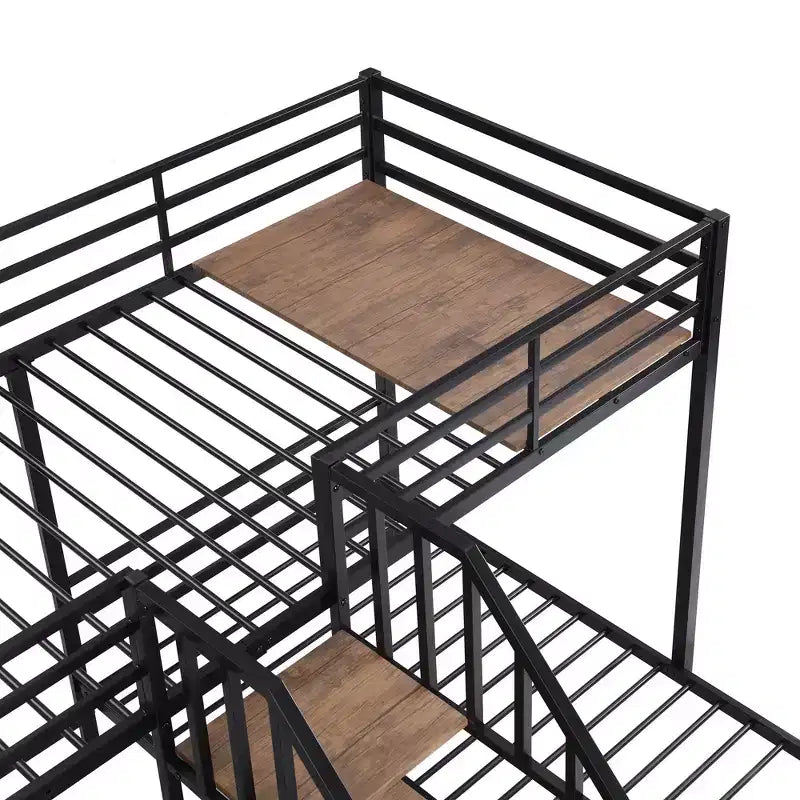 Twin over Twin-Twin Triple Loft Bunk Bed with Storage Shelves, Staircase and Safety Guardrail for Kids