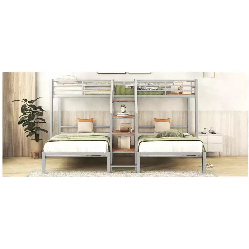 Twin over Twin-Twin Triple Loft Bunk Bed with Storage Shelves, Staircase and Safety Guardrail for Kids