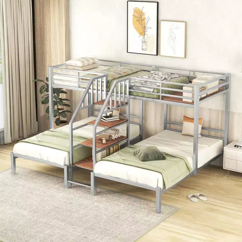 Twin over Twin-Twin Triple Loft Bunk Bed with Storage Shelves, Staircase and Safety Guardrail for Kids